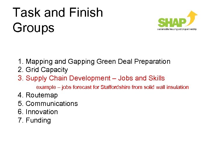 Task and Finish Groups 1. Mapping and Gapping Green Deal Preparation 2. Grid Capacity