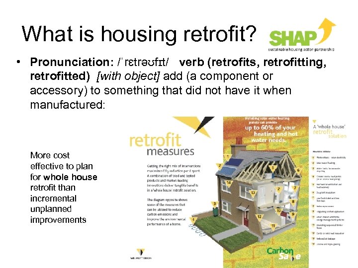 What is housing retrofit? • Pronunciation: /ˈrɛtrəʊfɪt/ verb (retrofits, retrofitting, retrofitted) [with object] add