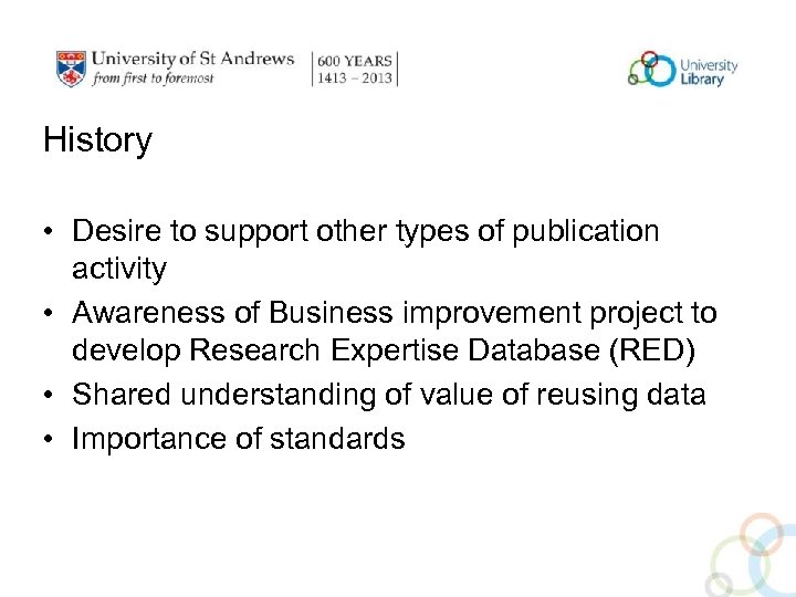 History • Desire to support other types of publication activity • Awareness of Business