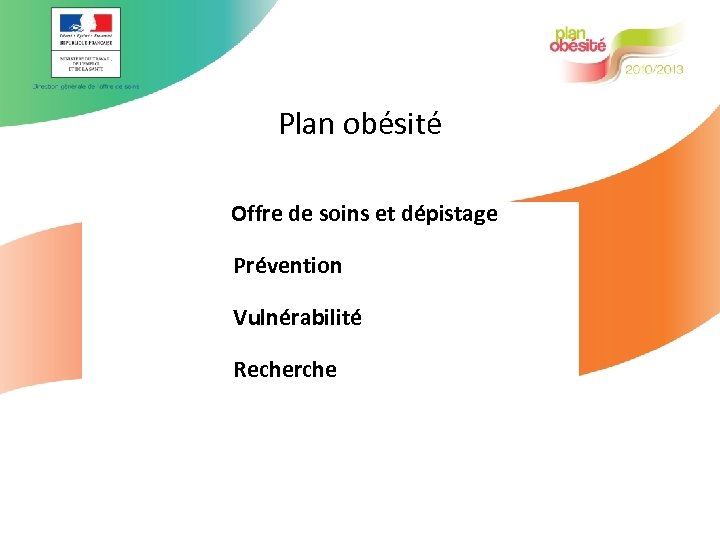 Plan obésité Offre de soins et dépistage Prévention Vulnérabilité Recherche 