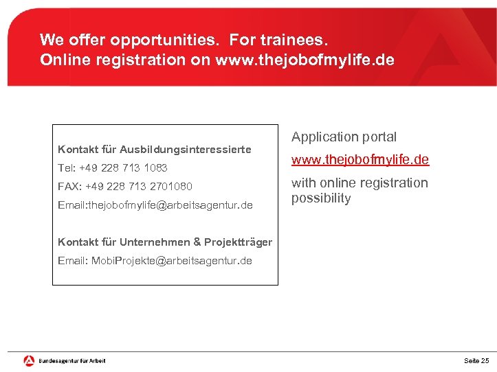 We offer opportunities. For trainees. Online registration on www. thejobofmylife. de Kontakt für Ausbildungsinteressierte