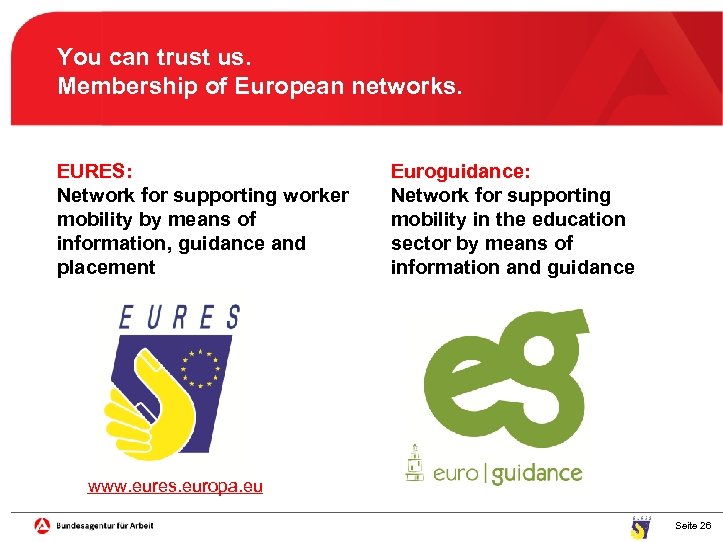 You can trust us. Membership of European networks. EURES: Network for supporting worker mobility