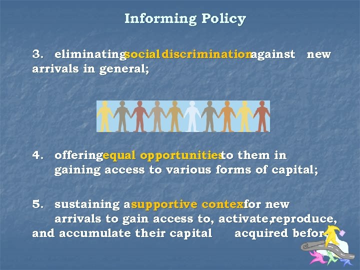 Informing Policy 3. eliminatingsocial discrimination against new arrivals in general; 4. offeringequal opportunities them
