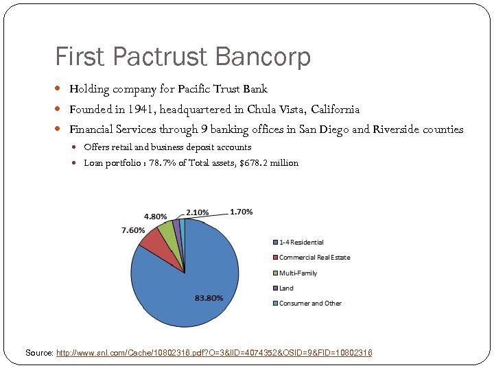 First Pactrust Bancorp Holding company for Pacific Trust Bank Founded in 1941, headquartered in