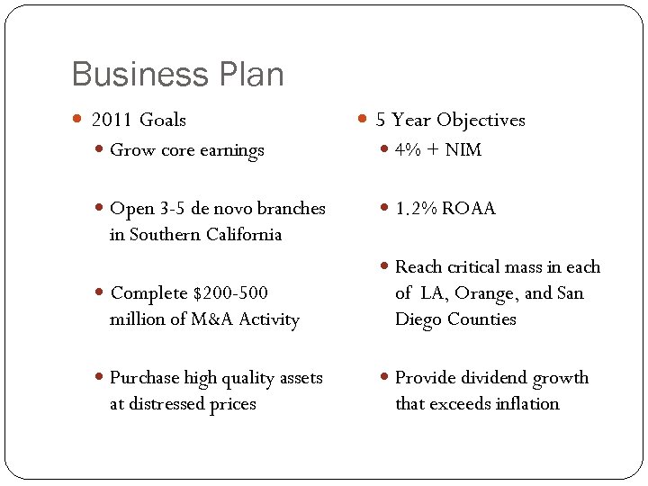 Business Plan 2011 Goals 5 Year Objectives Grow core earnings 4% + NIM Open