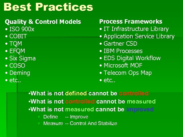 Best Practices Quality & Control Models • ISO 900 x • COBIT • TQM