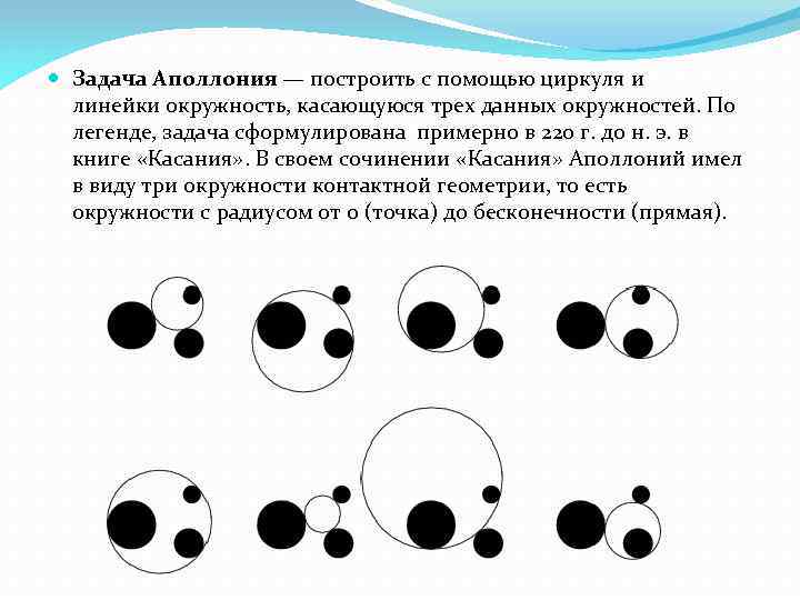  Задача Аполлония — построить с помощью циркуля и линейки окружность, касающуюся трех данных