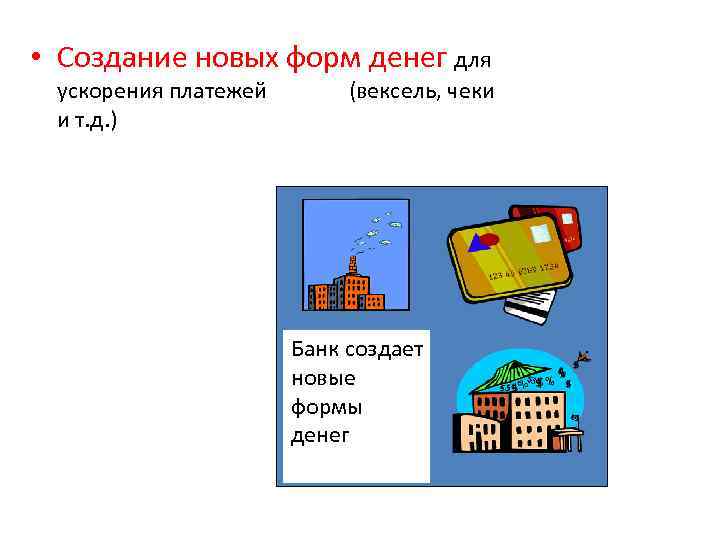  • Создание новых форм денег для ускорения платежей и т. д. ) (вексель,