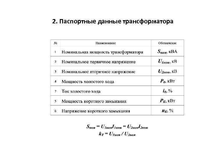 2. Паспортные данные трансформатора 