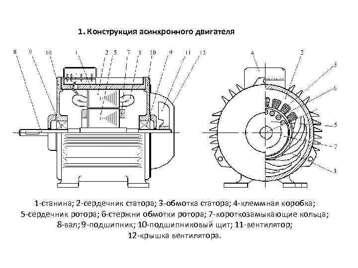 1. Конструкция асинхронного двигателя 1 -станина; 2 -сердечник статора; 3 -обмотка статора; 4 -клеммная