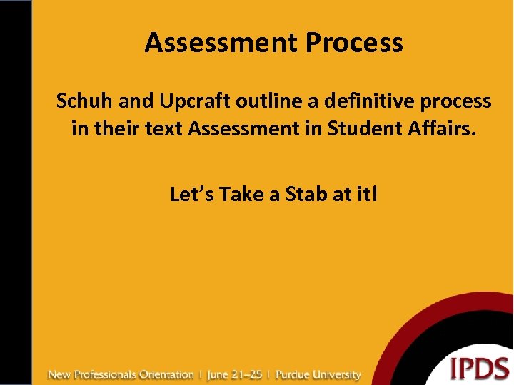 Assessment Process Schuh and Upcraft outline a definitive process in their text Assessment in