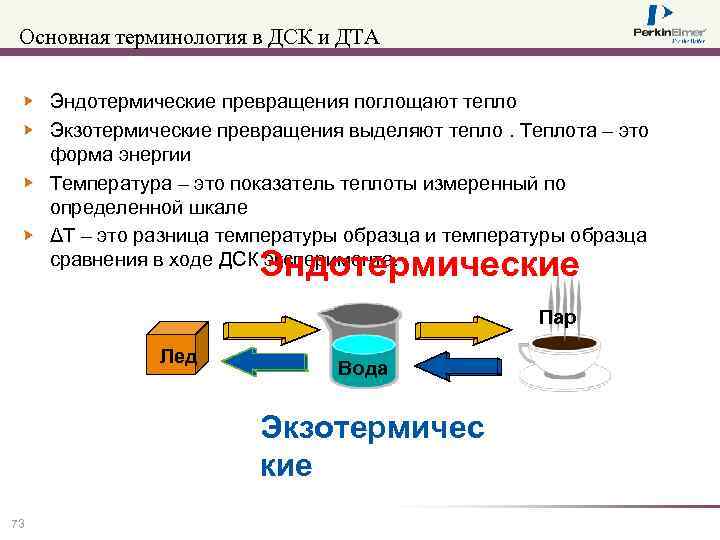 Основная терминология в ДСК и ДТА Эндотермические превращения поглощают тепло Экзотермические превращения выделяют тепло.