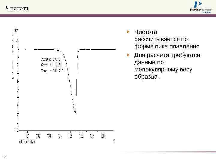 Чистота рассчитывается по форме пика плавления Для расчета требуются данные по молекулярному весу образца.