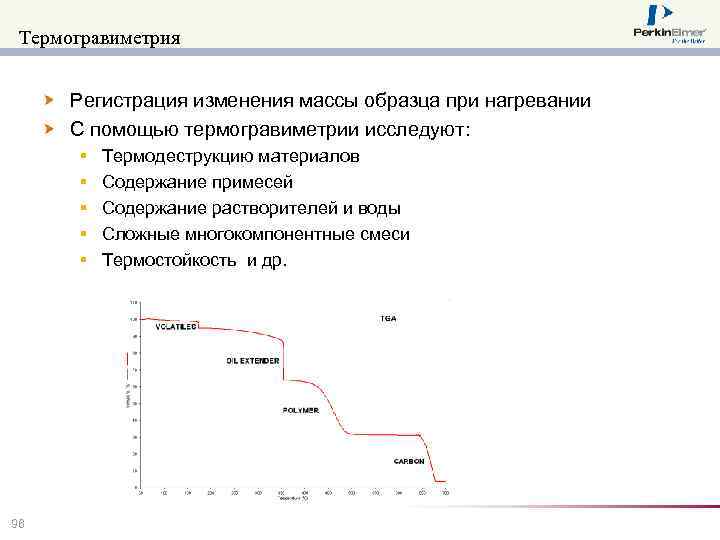 Термогравиметрия Регистрация изменения массы образца при нагревании С помощью термогравиметрии исследуют: § § §