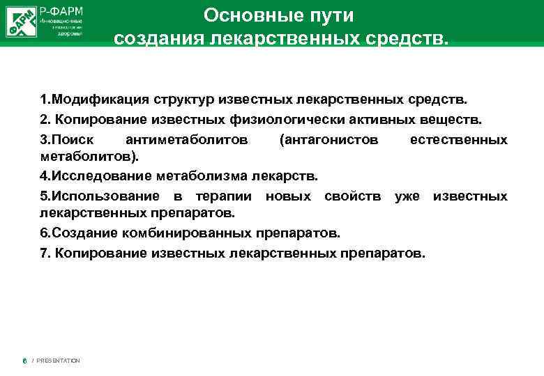 Основные пути создания лекарственных средств. 1. Модификация структур известных лекарственных средств. 2. Копирование известных