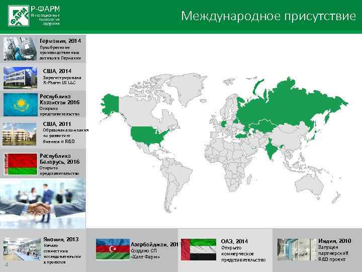Международное присутствие Германия, 2014 Приобретение производственных активов в Германии США, 2014 Зарегистрирована R-Pharm US