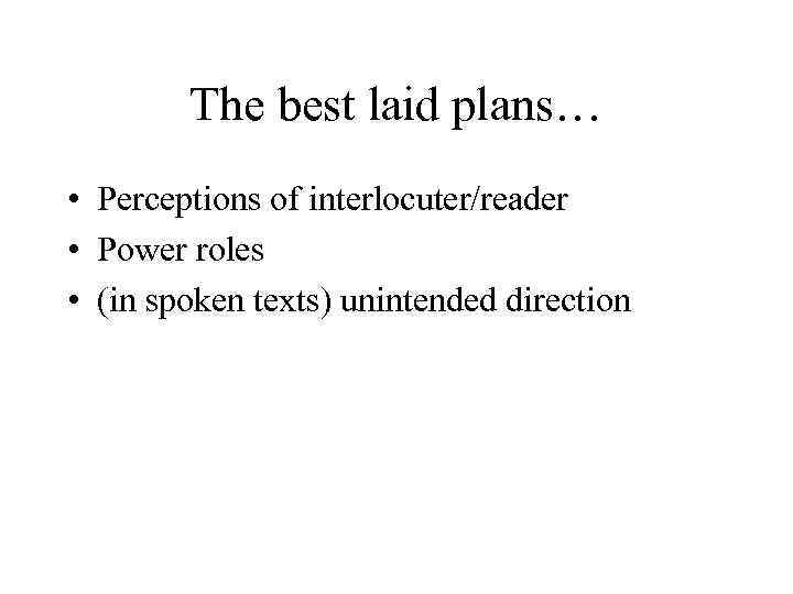 The best laid plans… • Perceptions of interlocuter/reader • Power roles • (in spoken