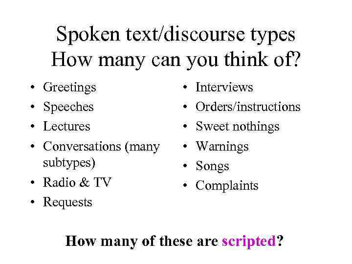 Spoken text/discourse types How many can you think of? • • Greetings Speeches Lectures