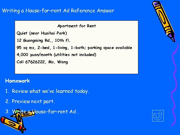 Writing a House-for-rent Ad Reference Answer Apartment for Rent Quiet (near Huaihai Park) 12