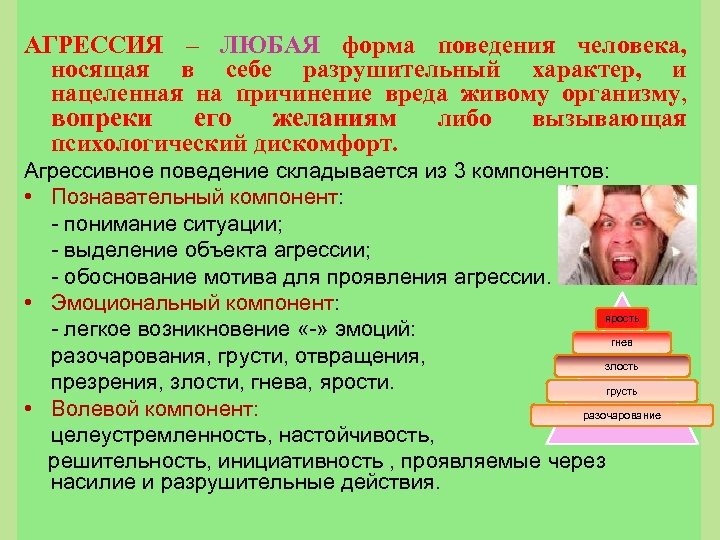 АГРЕССИЯ – ЛЮБАЯ форма поведения человека, носящая в себе разрушительный характер, и нацеленная на