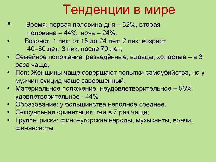 Тенденции в мире • Время: первая половина дня – 32%, вторая половина – 44%,