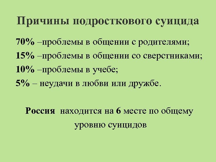 Причины подросткового суицида 70% –проблемы в общении с родителями; 15% –проблемы в общении со