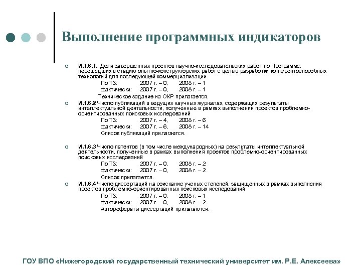 Выполнение программных индикаторов И. 1. 6. 1. Доля завершенных проектов научно исследовательских работ по