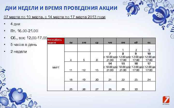 ДНИ НЕДЕЛИ И ВРЕМЯ ПРОВЕДЕНИЯ АКЦИИ 07 марта по 10 марта, с 14 марта