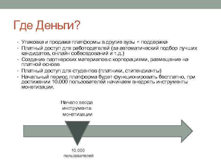 Где Деньги? • Упаковка и продажа платформы в другие вузы + поддержка • Платный