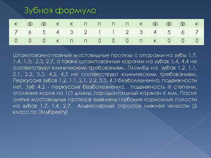 Зубная формула к ф ф к к п п к ф ф ф к