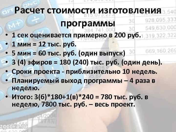 Расчет стоимости изготовления программы 1 сек оценивается примерно в 200 руб. 1 мин =