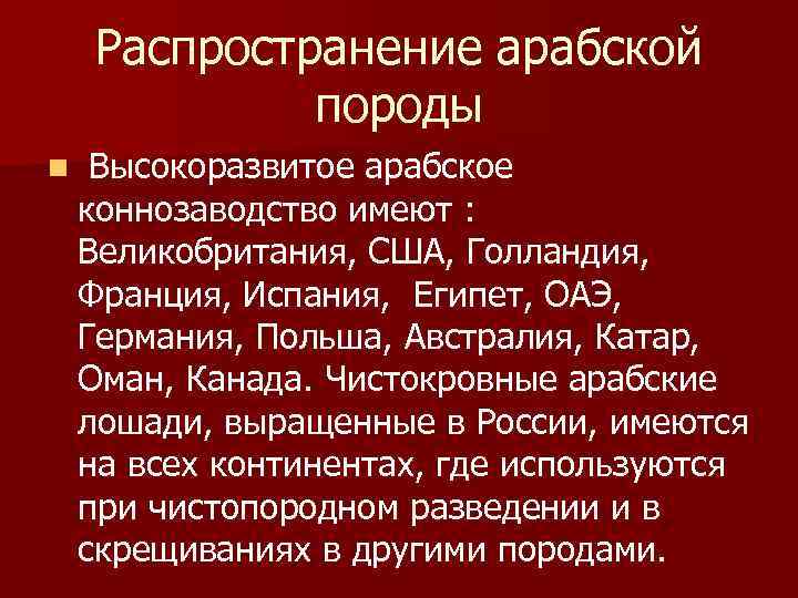 Распространение арабской породы n Высокоразвитое арабское коннозаводство имеют : Великобритания, США, Голландия, Франция, Испания,