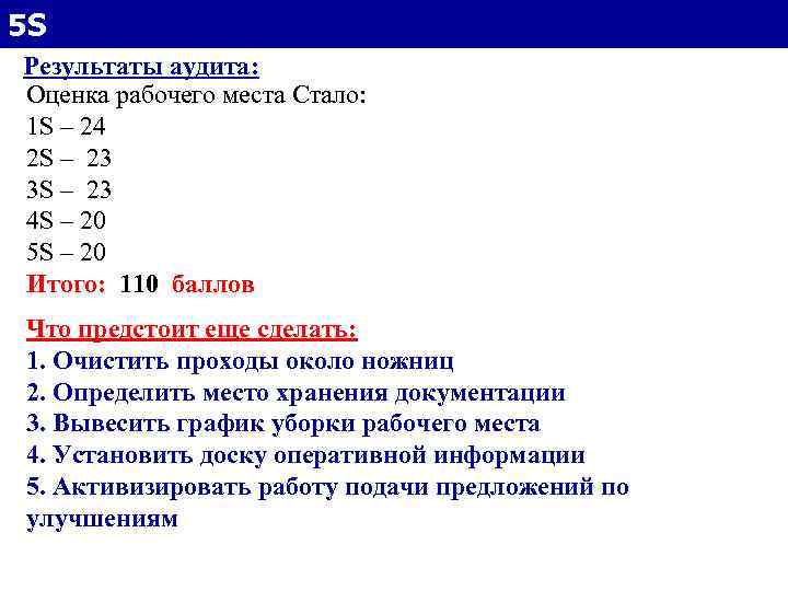 5 S Результаты аудита: Оценка рабочего места Стало: 1 S – 24 2 S