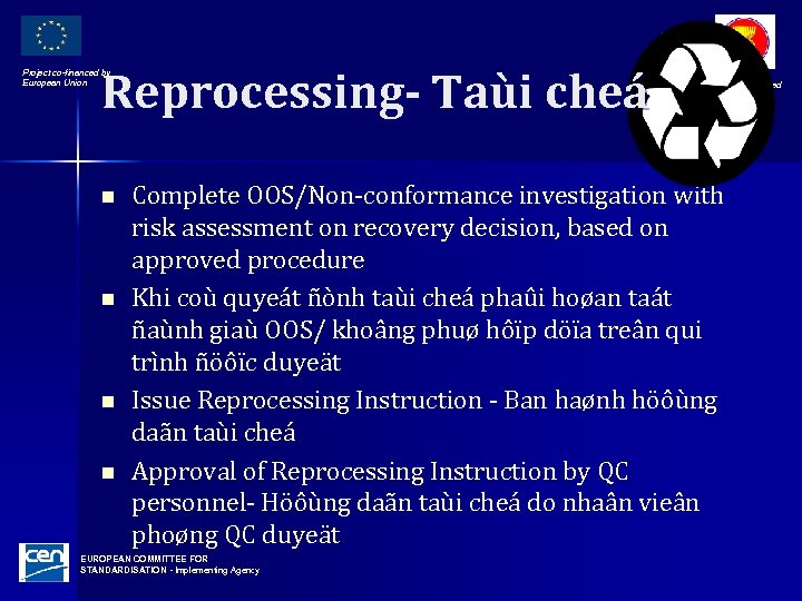 Reprocessing- Taùi cheá Project co-financed by European Union n n Project co- financed by