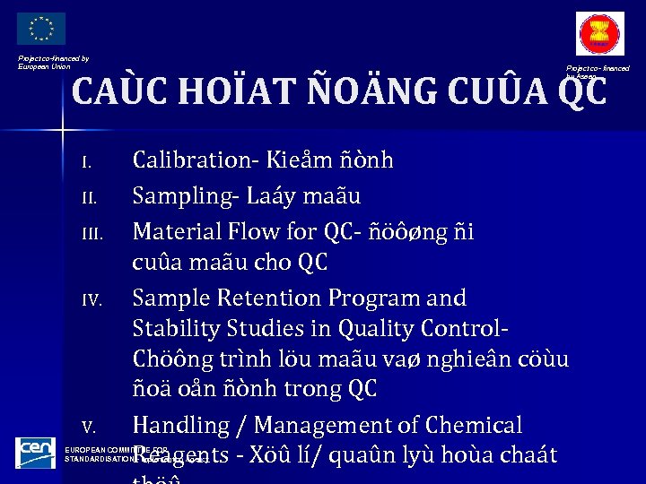 Project co-financed by European Union Project co- financed by Asean CAÙC HOÏAT ÑOÄNG CUÛA