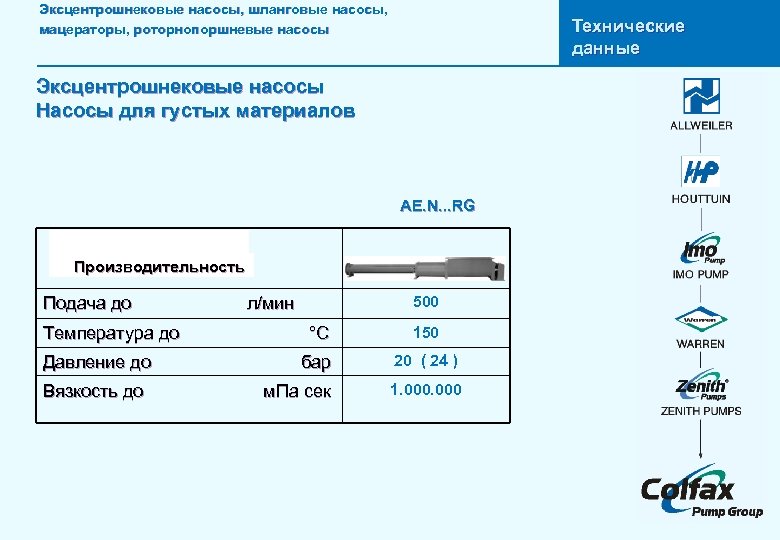 Эксцентрошнековые насосы, шланговые насосы, мацераторы, роторнопоршневые насосы Технические данные Эксцентрошнековые насосы Насосы для густых