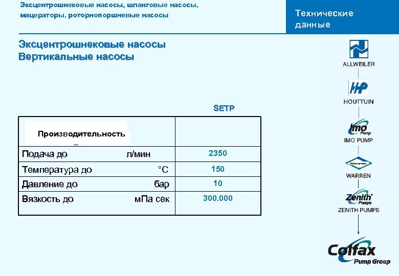 Эксцентрошнековые насосы, шланговые насосы, мацераторы, роторнопоршневые насосы Технические данные Эксцентрошнековые насосы Вертикальные насосы SETP