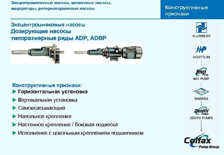 Эксцентрошнековые насосы, шланговые насосы, мацераторы, роторнопоршневые насосы Эксцентрошнековые насосы Дозирующие насосы типоразмерные ряды ADP,