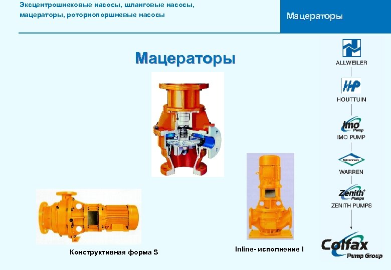 Эксцентрошнековые насосы, шланговые насосы, мацераторы, роторнопоршневые насосы Мацераторы Конструктивная форма S Inline- исполнение I