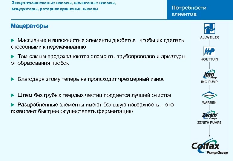Эксцентрошнековые насосы, шланговые насосы, мацераторы, роторнопоршневые насосы Потребности клиентов Мацераторы Массивные и волокнистые элементы