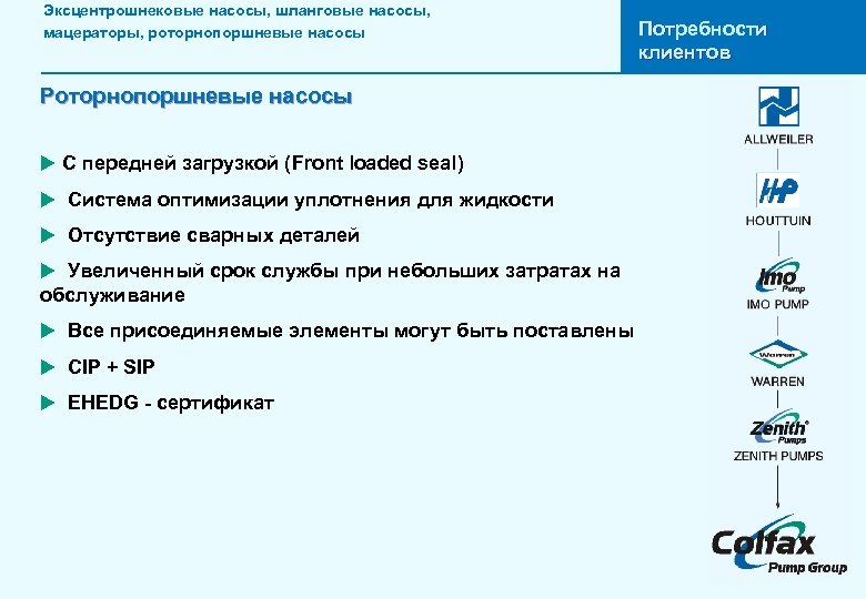 Эксцентрошнековые насосы, шланговые насосы, мацераторы, роторнопоршневые насосы Роторнопоршневые насосы u С передней загрузкой (Front