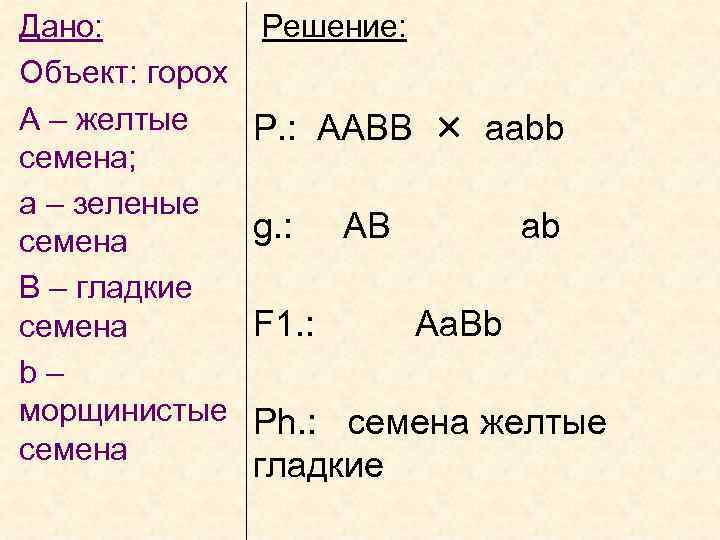 Дано: Объект: горох А – желтые семена; а – зеленые семена В – гладкие