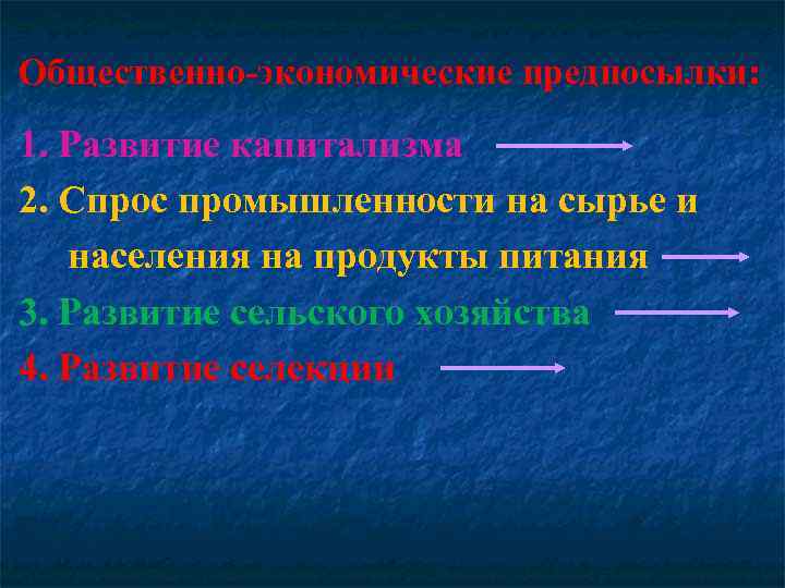 Общественно-экономические предпосылки: 1. Развитие капитализма 2. Спрос промышленности на сырье и населения на продукты