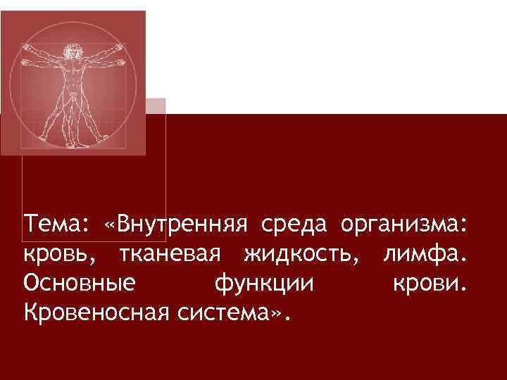 Тема: «Внутренняя среда организма: кровь, тканевая жидкость, лимфа. Основные функции крови. Кровеносная система» .