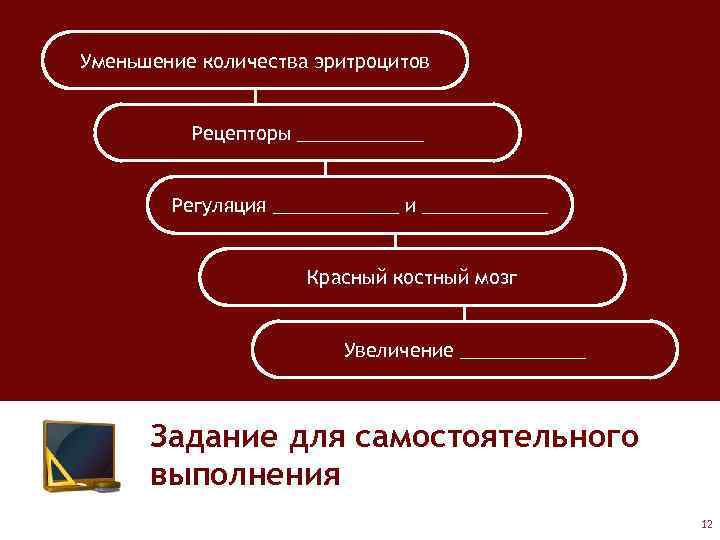 Уменьшение количества эритроцитов Рецепторы ______ Регуляция ______ и ______ Красный костный мозг Увеличение ______