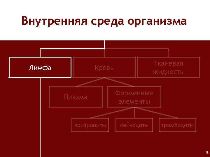 Внутренняя среда организма Лимфа Тканевая жидкость Кровь Плазма эритроциты Форменные элементы лейкоциты тромбоциты 8