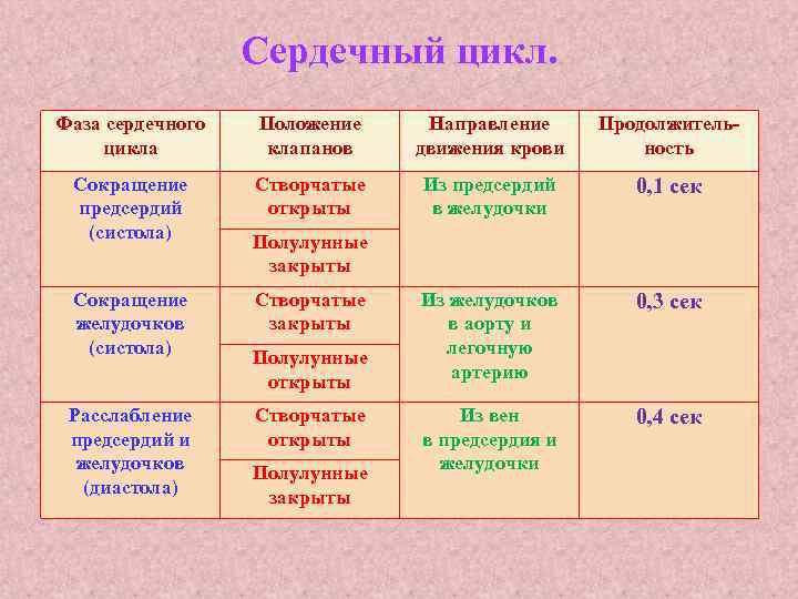 Сердечный цикл. Фаза сердечного цикла Положение клапанов Направление движения крови Продолжительность Сокращение предсердий (систола)