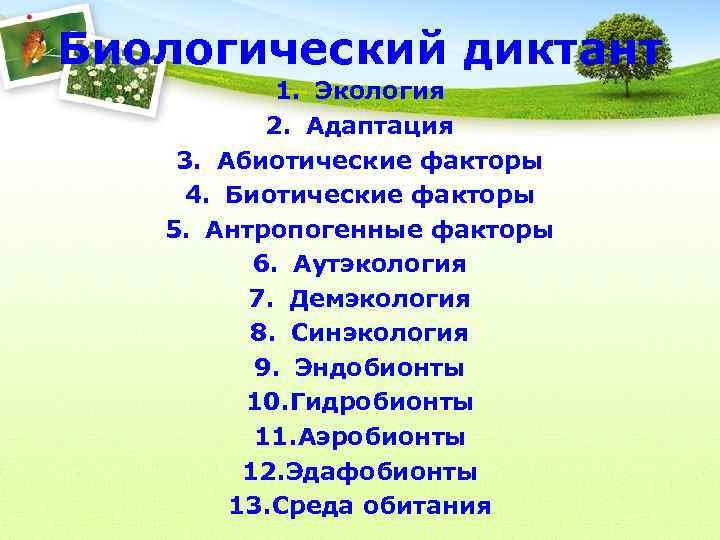 Биологический диктант 1. Экология 2. Адаптация 3. Абиотические факторы 4. Биотические факторы 5. Антропогенные