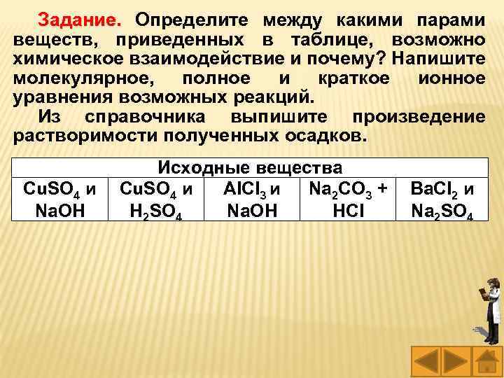 Задание. Определите между какими парами Задание. веществ, приведенных в таблице, возможно химическое взаимодействие и