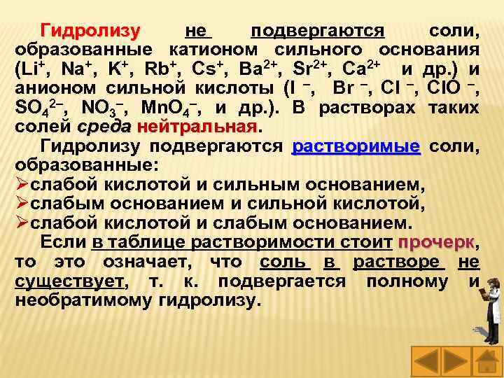 Гидролизу не подвергаются соли, Гидролизу образованные катионом сильного основания (Li+, Na+, K+, Rb+, Cs+,
